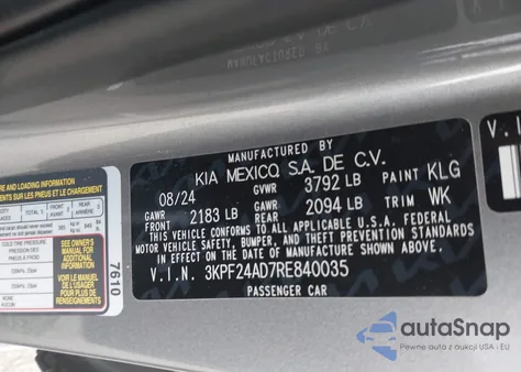 2024 Kia Forte Lxs из США, поврежденный, VIN 3KPF24AD7RE840035